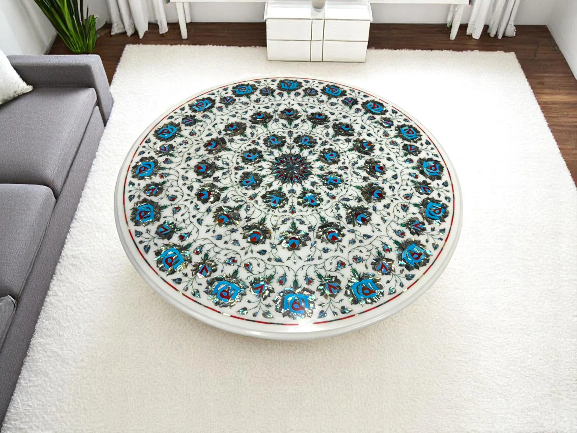 Exquisite Round Coffee Table Featuring White Marble and Turquoise Abalone Shell Inlays